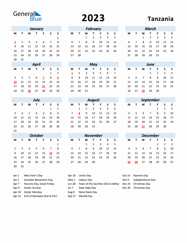 2023 Calendar for Tanzania with Holidays