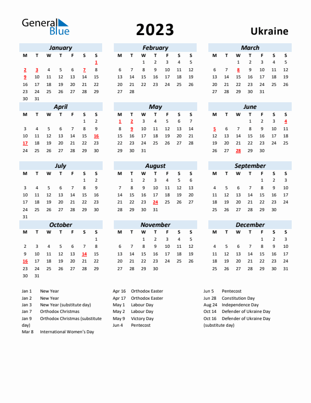 2023 Calendar for Ukraine with Holidays
