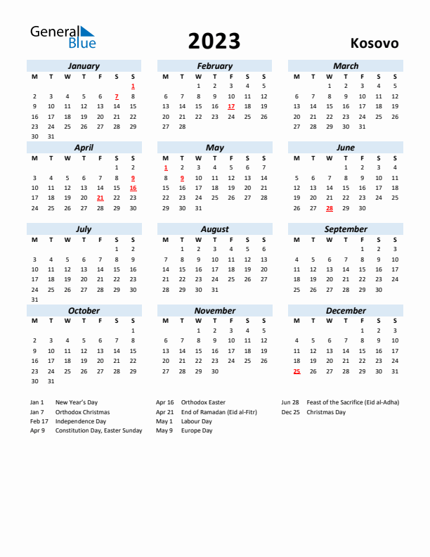 2023 Calendar for Kosovo with Holidays