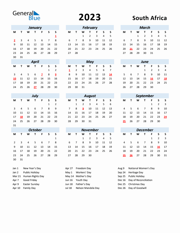 2023 Calendar for South Africa with Holidays