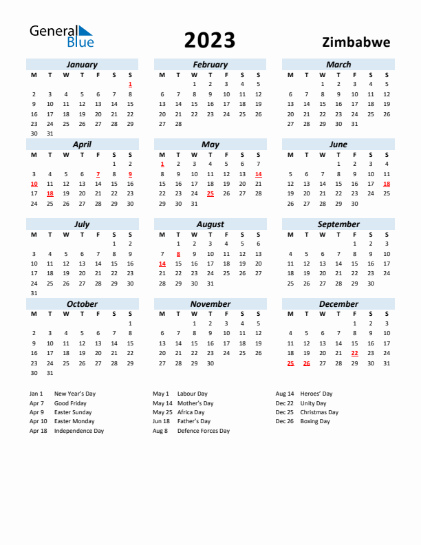 2023 Calendar for Zimbabwe with Holidays