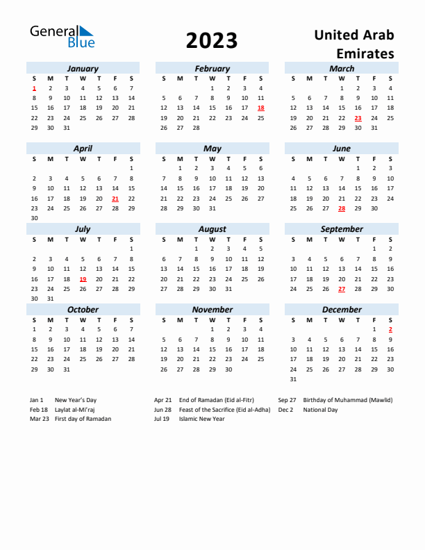 2023 Calendar for United Arab Emirates with Holidays