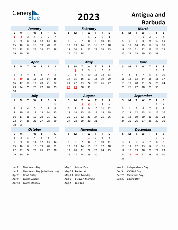 2023 Calendar for Antigua and Barbuda with Holidays