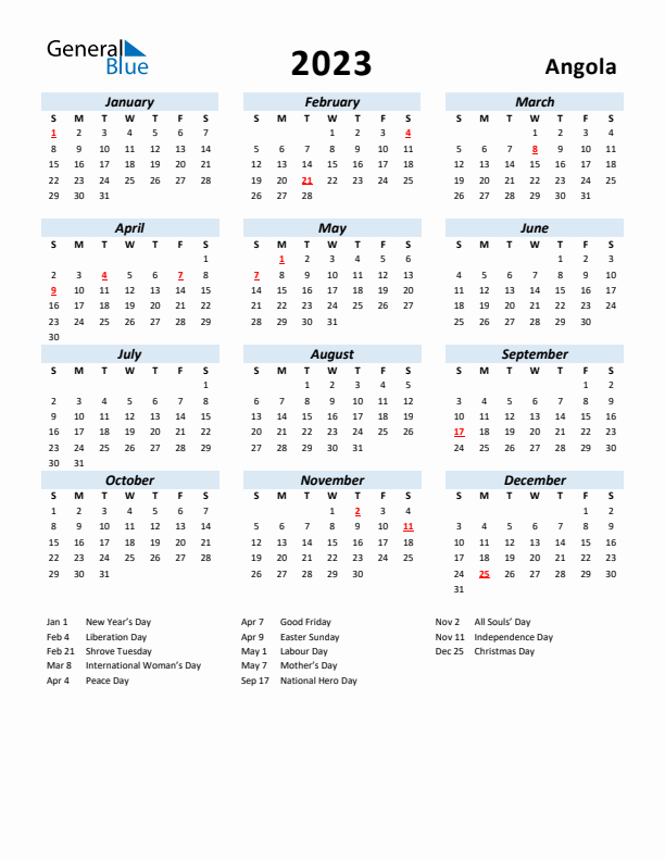 2023 Calendar for Angola with Holidays