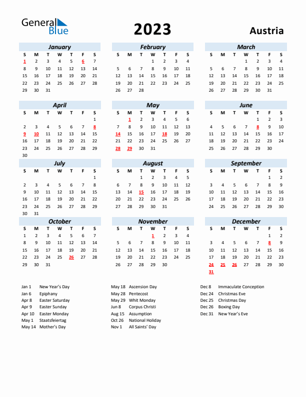 2023 Calendar for Austria with Holidays