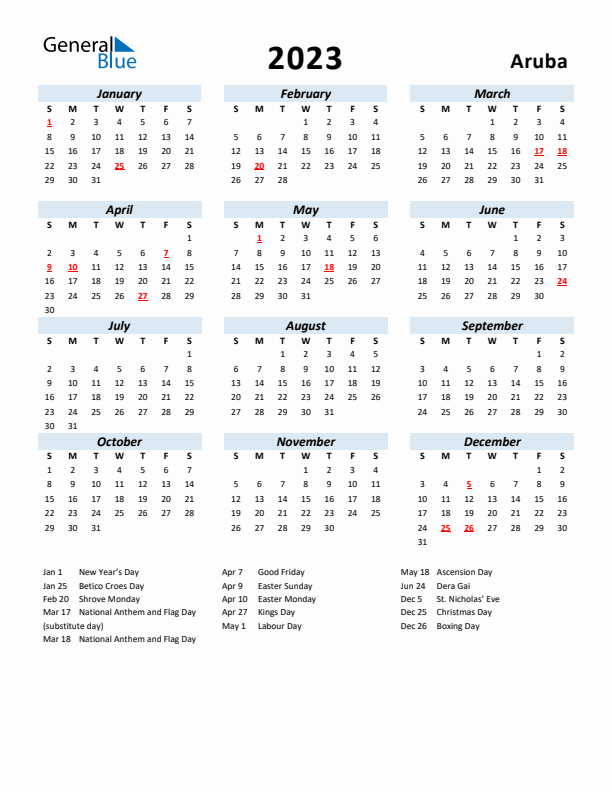 2023 Calendar for Aruba with Holidays