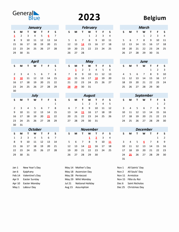 2023 Calendar for Belgium with Holidays