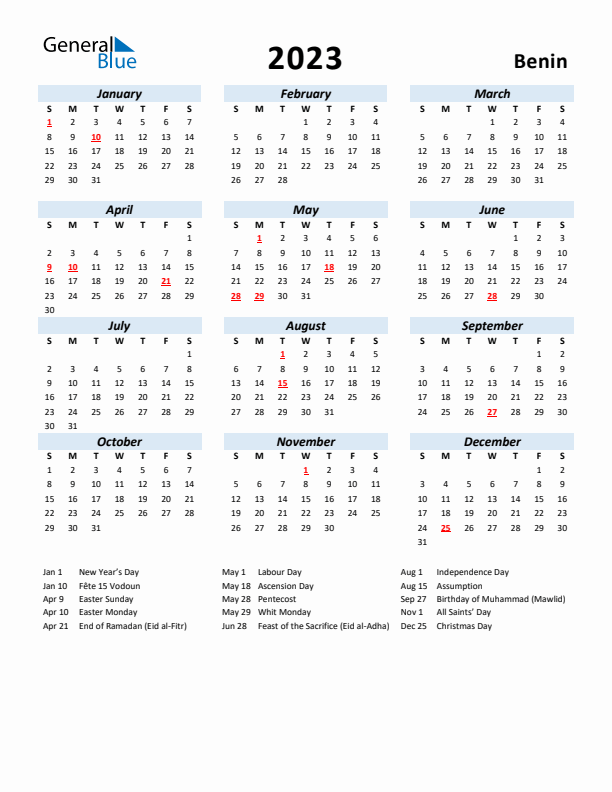2023 Calendar for Benin with Holidays
