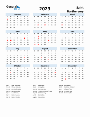 Saint Barthelemy current year calendar 2023 with holidays