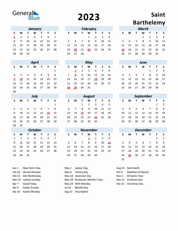 2023 Calendar for Saint Barthelemy with Holidays