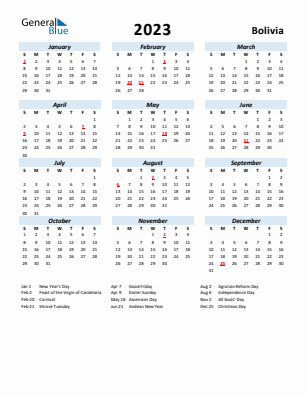 Bolivia current year calendar 2023 with holidays