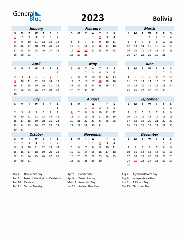 2023 Calendar for Bolivia with Holidays