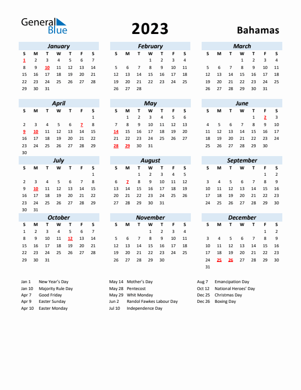 2023 Calendar for Bahamas with Holidays