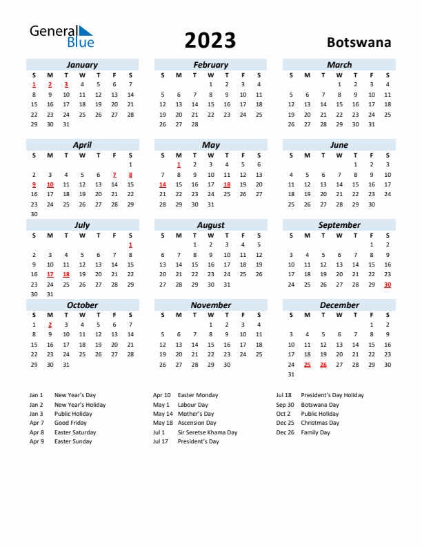 2023 Calendar for Botswana with Holidays
