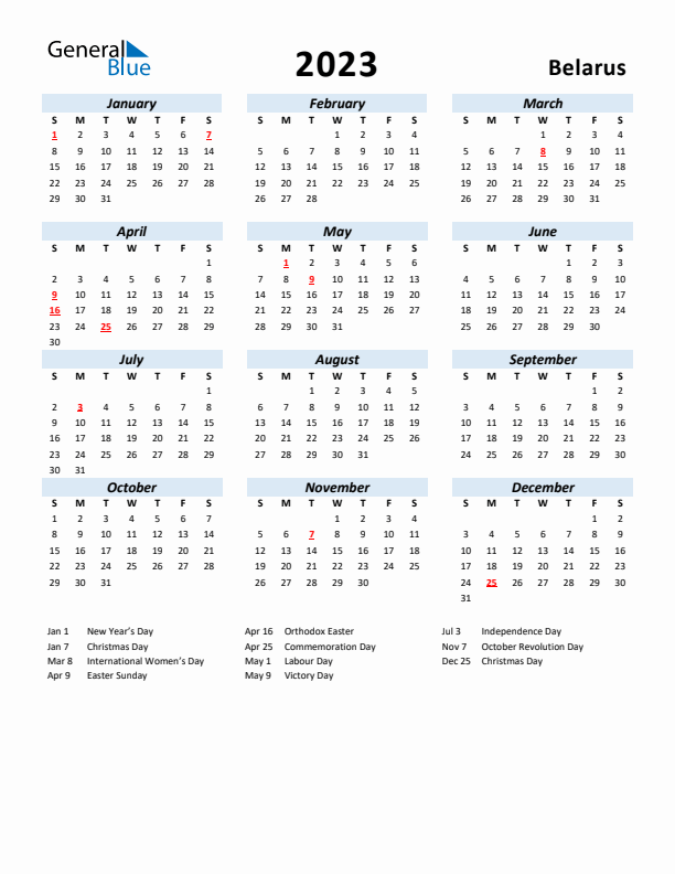 2023 Calendar for Belarus with Holidays