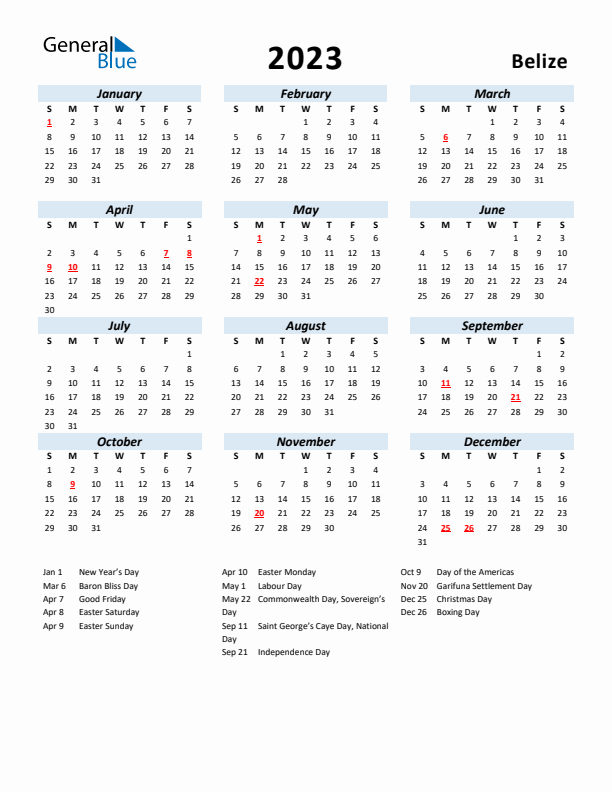 2023 Calendar for Belize with Holidays