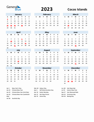 Cocos Islands current year calendar 2023 with holidays