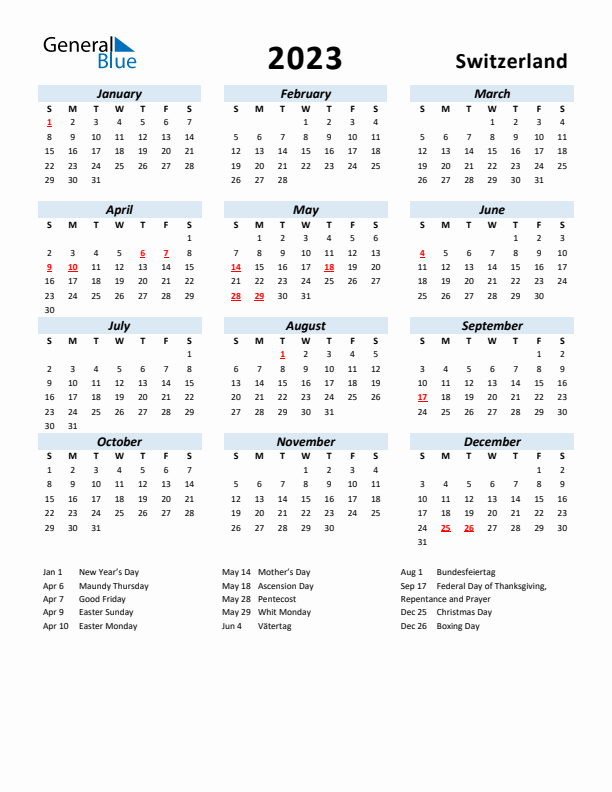 2023 Calendar for Switzerland with Holidays