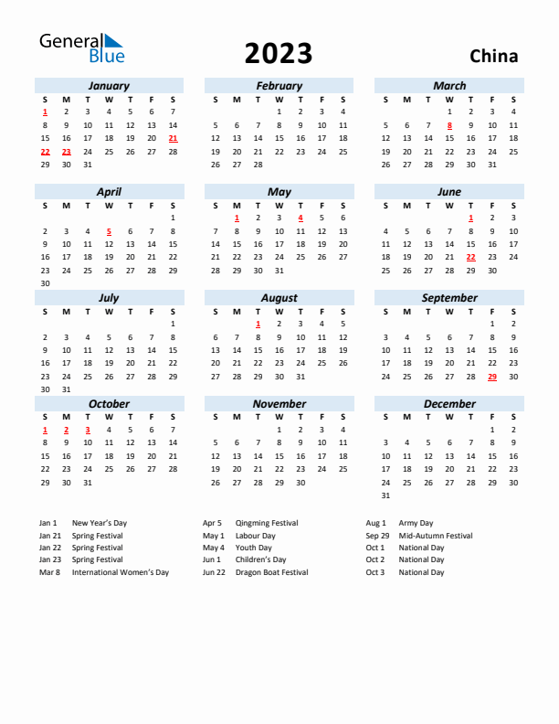 2023 Calendar for China with Holidays