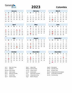 Colombia current year calendar 2023 with holidays