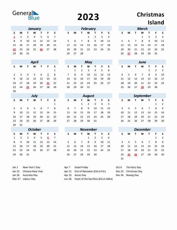 2023 Calendar for Christmas Island with Holidays