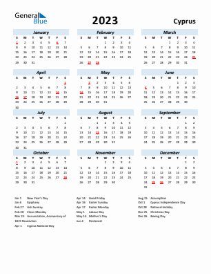 Cyprus current year calendar 2023 with holidays