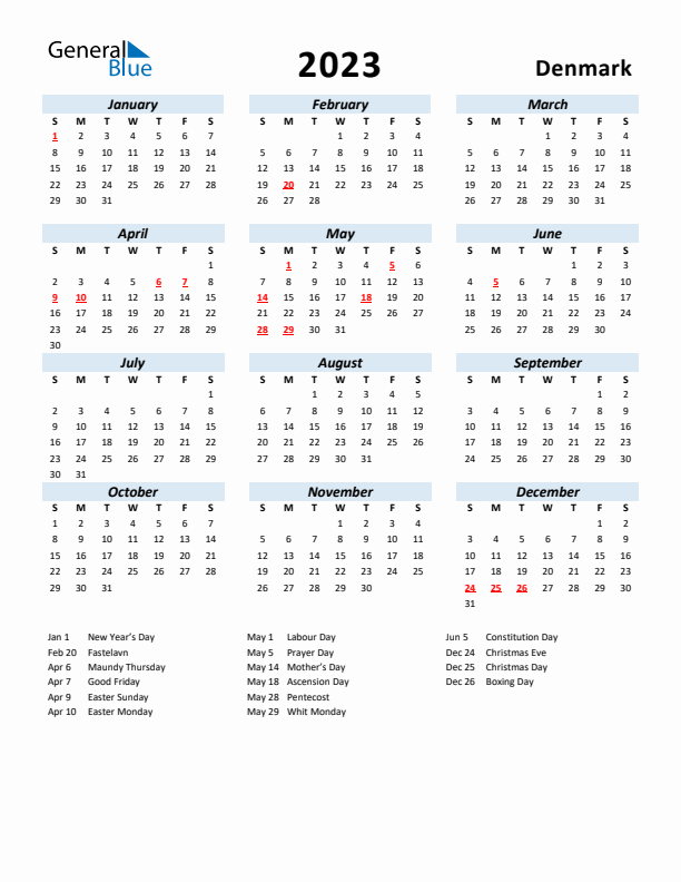 2023 Denmark Calendar With Holidays