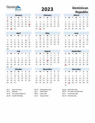 Dominican Republic current year calendar 2023 with holidays