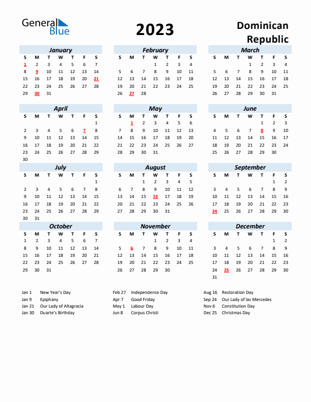 2023 Calendar for Dominican Republic with Holidays