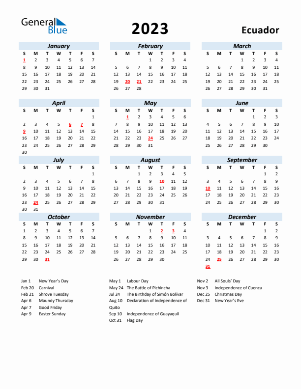 2023 Calendar for Ecuador with Holidays
