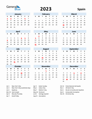 Spain current year calendar 2023 with holidays