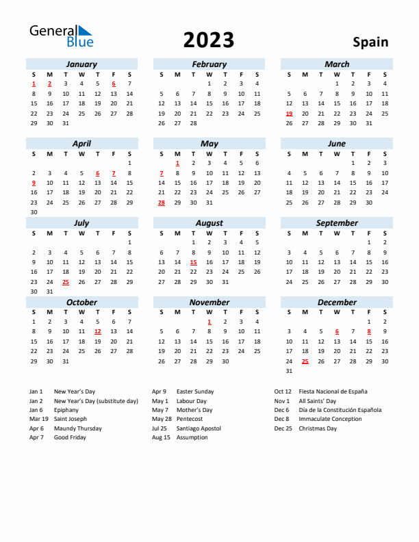 2023 Calendar for Spain with Holidays