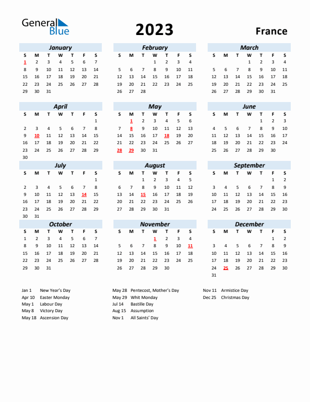 2023 Calendar for France with Holidays