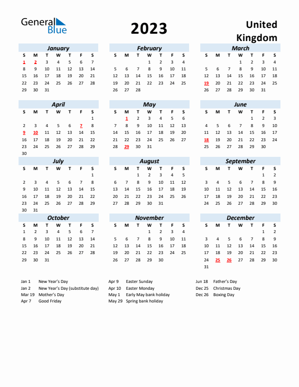 2023 Calendar for United Kingdom with Holidays