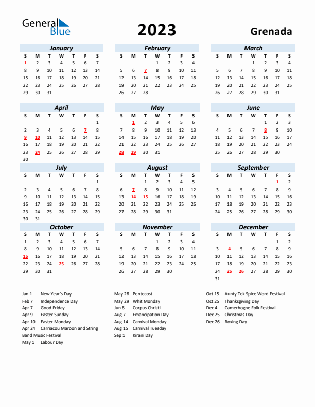 2023 Calendar for Grenada with Holidays