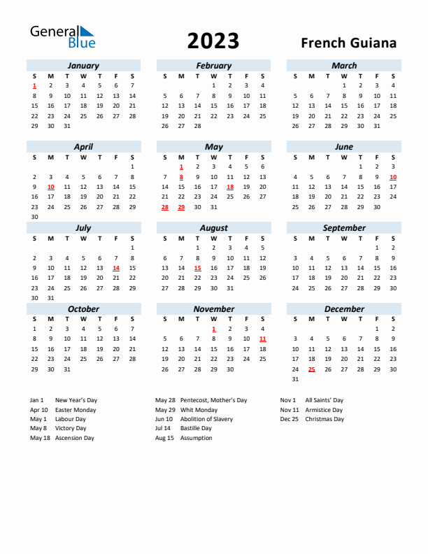 2023 Calendar for French Guiana with Holidays
