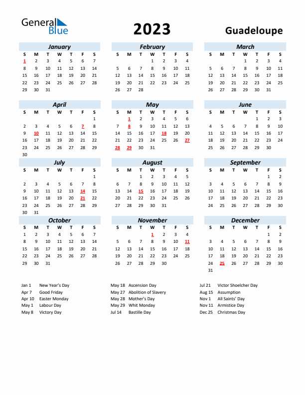 2023 Calendar for Guadeloupe with Holidays