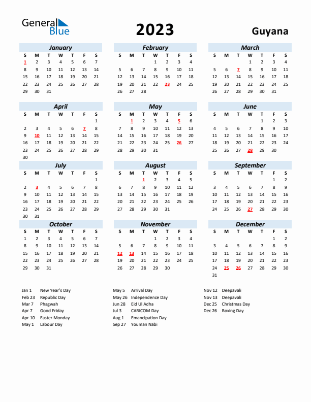 2023 Calendar for Guyana with Holidays
