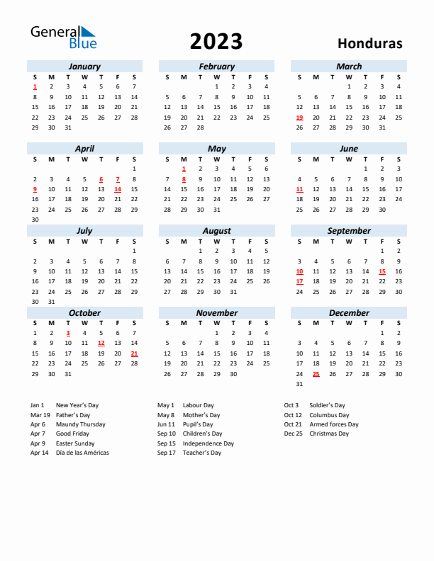 2023 Calendar for Honduras with Holidays