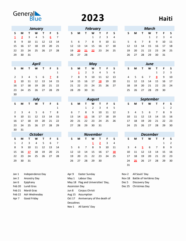2023 Calendar for Haiti with Holidays