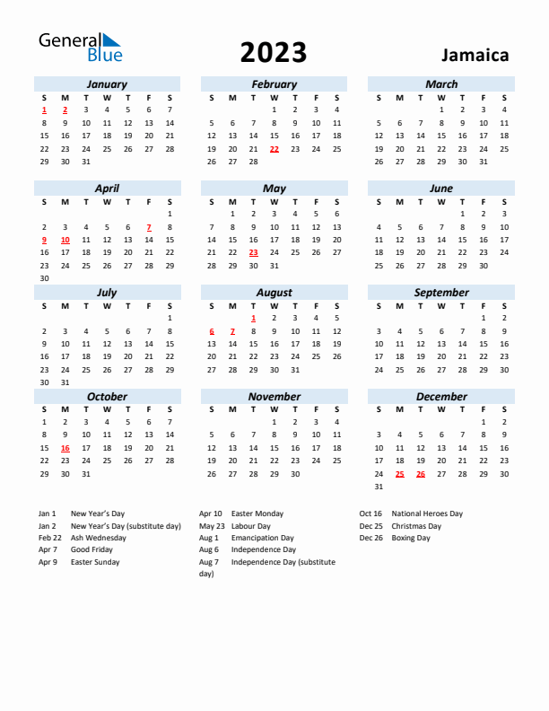 2023 Calendar for Jamaica with Holidays