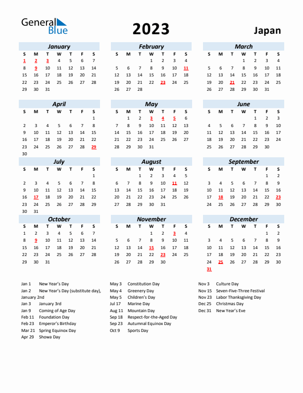 2023 Calendar for Japan with Holidays