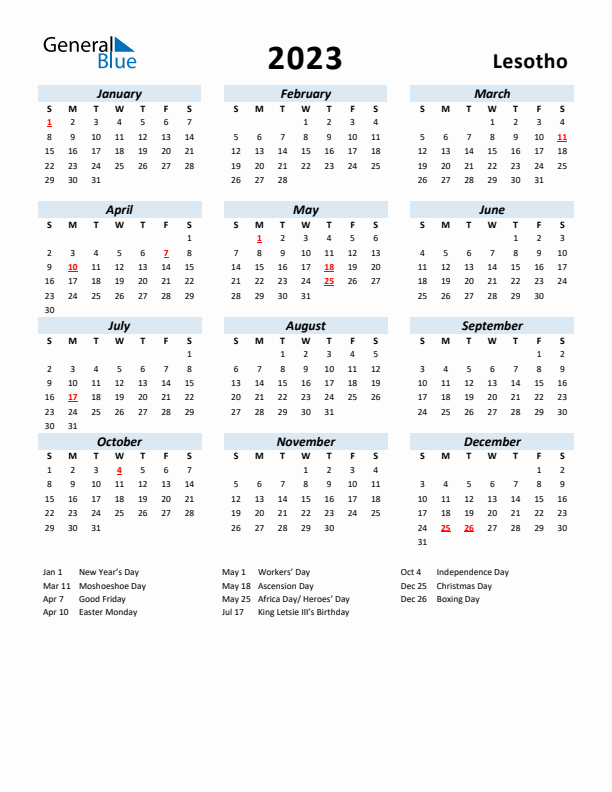 2023 Calendar for Lesotho with Holidays