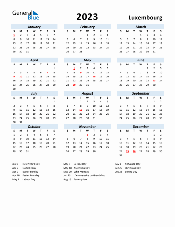 2023 Calendar for Luxembourg with Holidays
