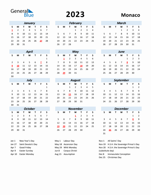 2023 Calendar for Monaco with Holidays