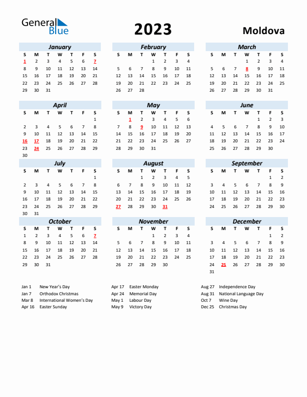 2023 Calendar for Moldova with Holidays