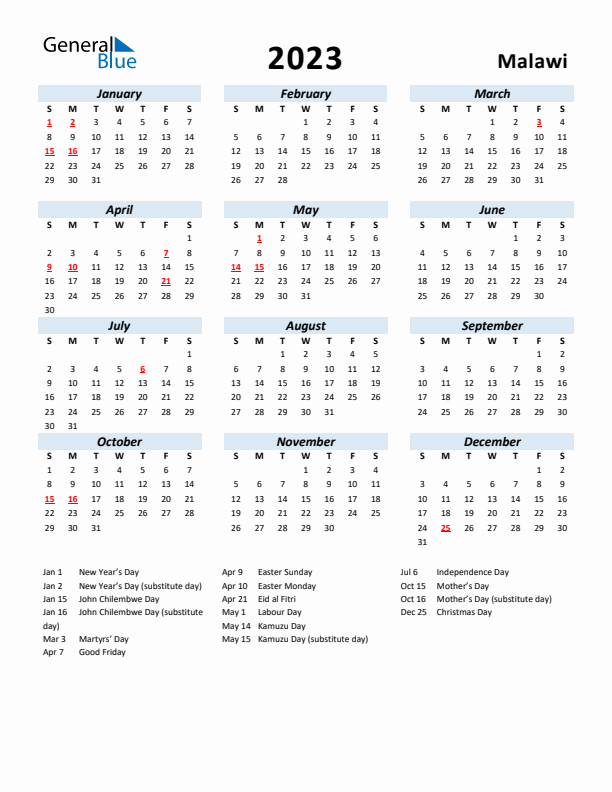 2023 Calendar for Malawi with Holidays