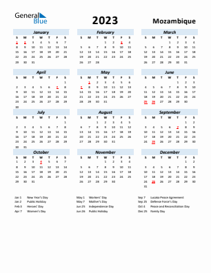 Mozambique current year calendar 2023 with holidays