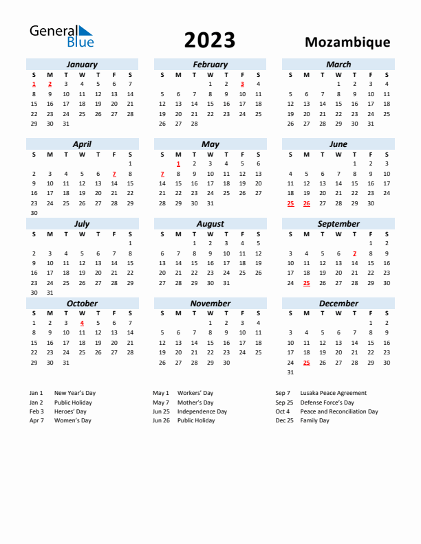 2023 Calendar for Mozambique with Holidays