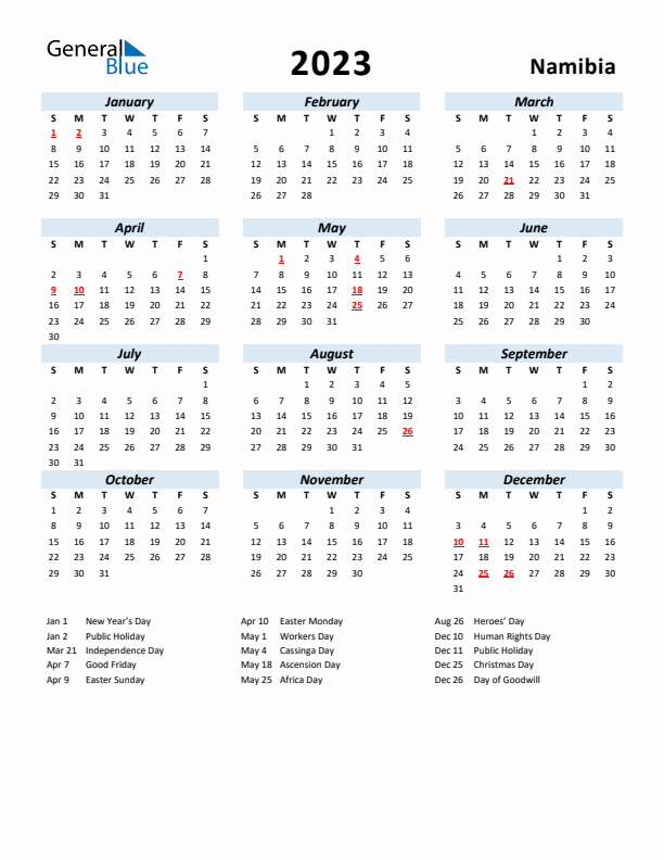 2023 Calendar for Namibia with Holidays